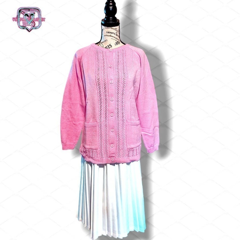 VINTAGE 1960's Barbie Pink Button Up Knit Cardigan Sweater, Large - Picture 5 of 6